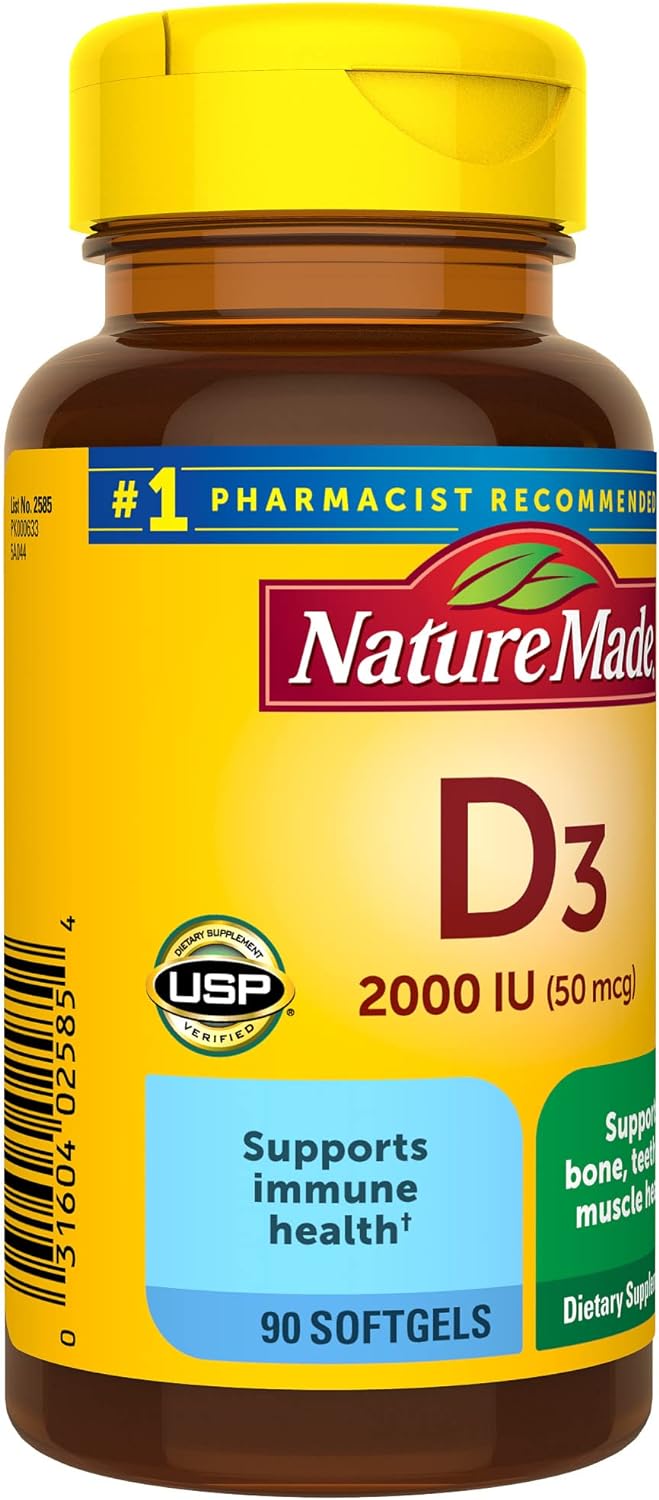 Nature Made Vitamin D3 2000 IU (50 mcg), Dietary Supplement for Bone, Teeth, Muscle and Immune Health Support, 90 Softgels, 90 Day Supply