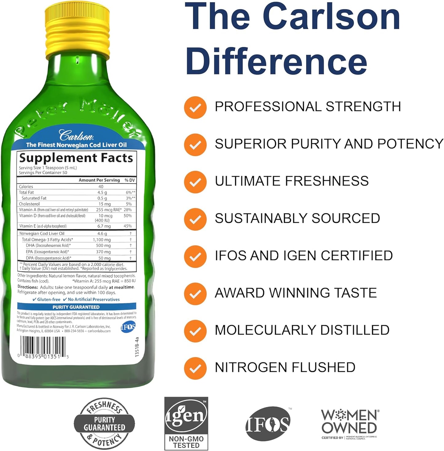 Carlson - Cod Liver Oil, 1100 mg Omega-3s, Liquid Fish Oil Supplement, Wild-Caught Norwegian Arctic, Sustainably Sourced Nordic Liquid, Lemon, 250 ml