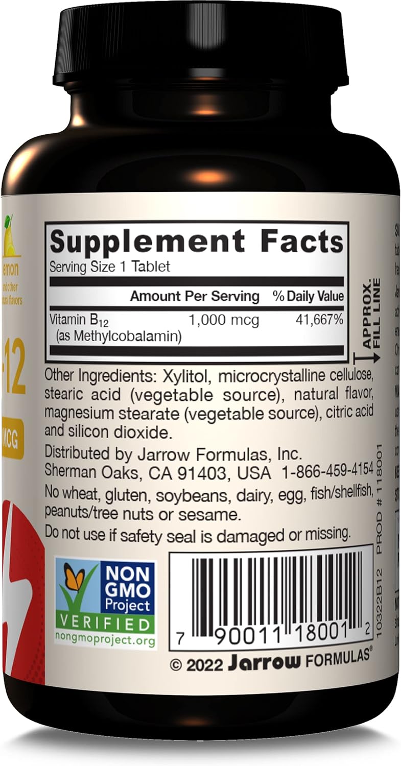 Jarrow Formulas Extra Strength Methyl B-12 1000mcg, Dietary Supplement for Cellular Energy Production and Brain Health Support, 100 Lemon-Flavored Chewable Tablets, 100 Day Supply