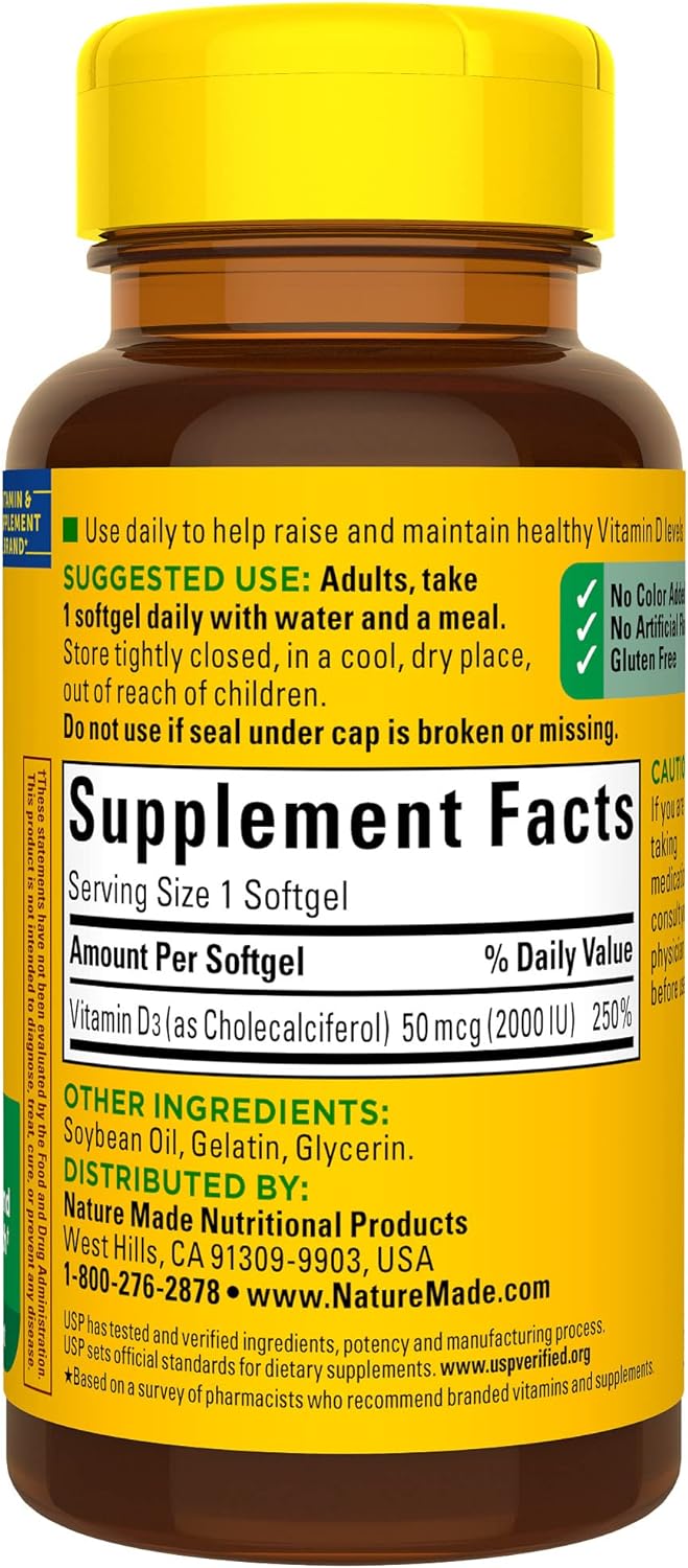 Nature Made Vitamin D3 2000 IU (50 mcg), Dietary Supplement for Bone, Teeth, Muscle and Immune Health Support, 90 Softgels, 90 Day Supply