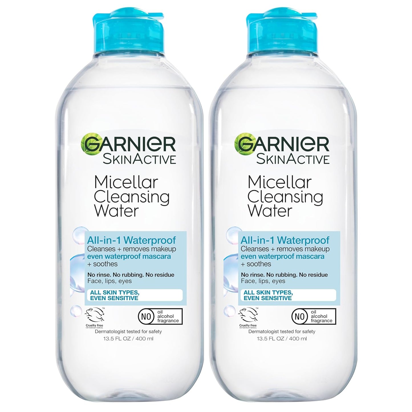 Garnier Micellar Water For Waterproof Makeup, Facial Cleanser & Makeup Remover, 13.5 Fl Oz (400mL), 2 Count (Packaging May Vary)