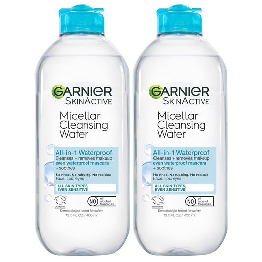 Garnier Micellar Water For Waterproof Makeup, Facial Cleanser & Makeup Remover, 13.5 Fl Oz (400mL), 2 Count (Packaging May Vary)