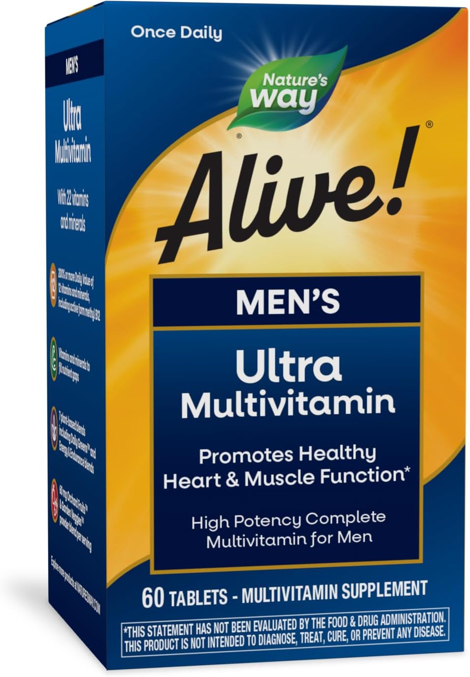 Nature's Way Alive! Men's Daily Ultra Multivitamin, High Potency Formula, Promotes Healthy Heart & Muscle Function*, Gluten Free, 60 Tablets (Packaging May Vary)