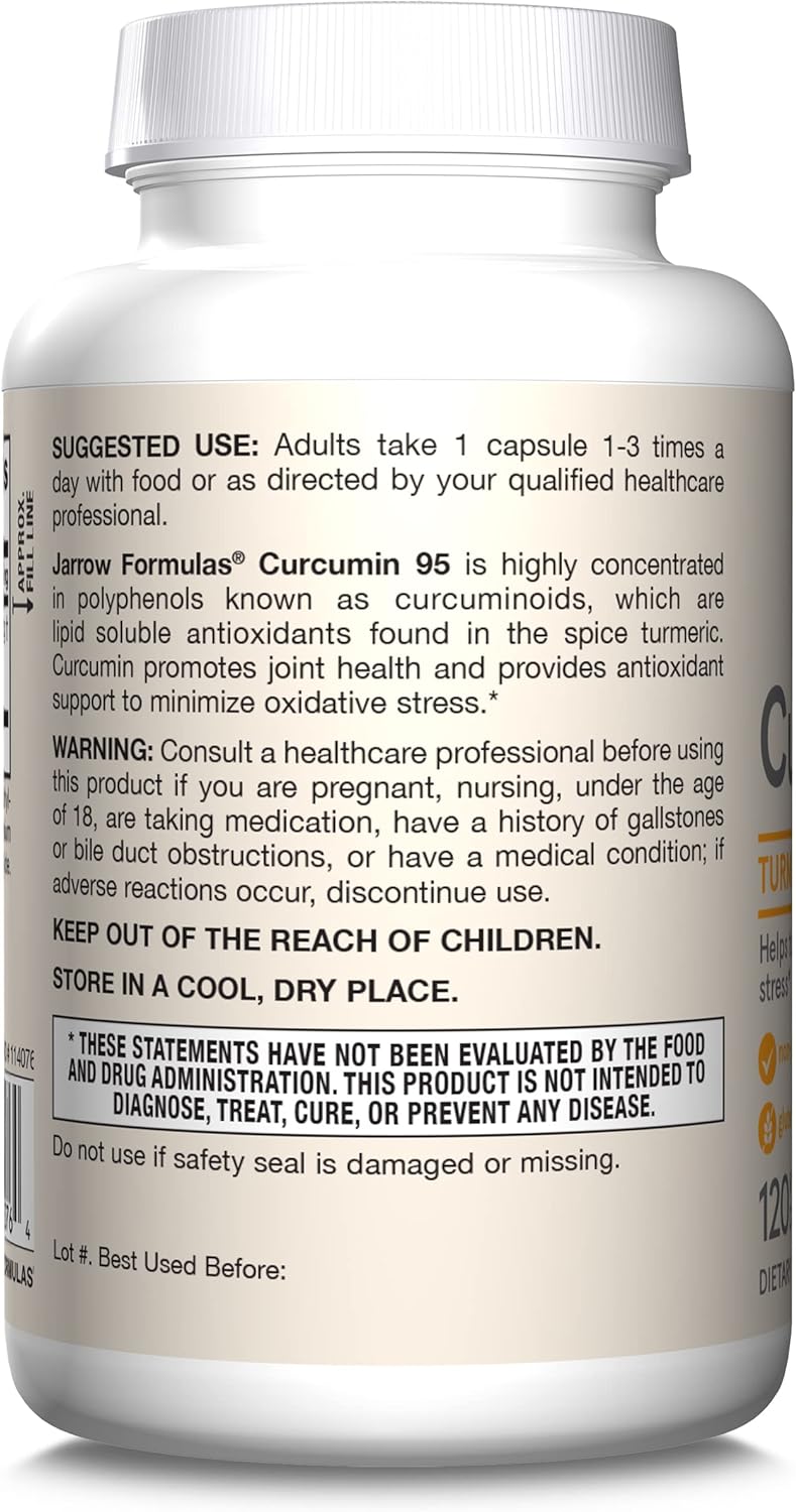 Jarrow Formulas Curcumin 95 500mg - Up to 120 Servings (Veggie Caps) - Turmeric Curcumin Extract for Antioxidant Support - Bone & Joint Dietary Supplement - Minimize Oxidative Stress - Vegan - Non-GMO