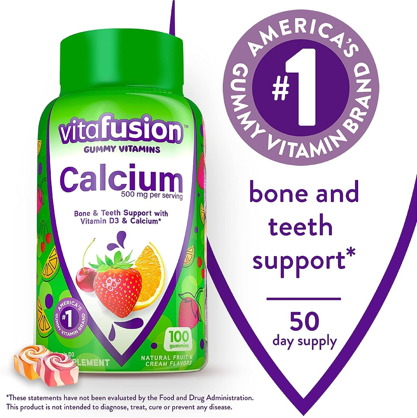 vitafusion Chewable Calcium Gummy Vitamins for Bone and Teeth Support, Fruit and Cream Flavored, America’s Number 1 Gummy Vitamin Brand, 50 Day Supply, 100 Count