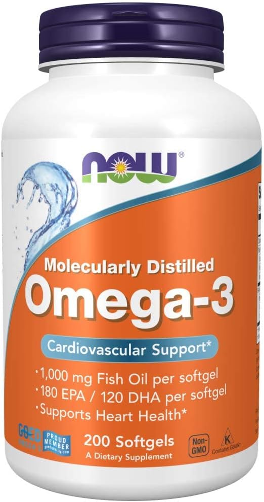 NOW Supplements, Omega-3 180 EPA / 120 DHA, Molecularly Distilled, Cardiovascular Support*, 200 Softgels