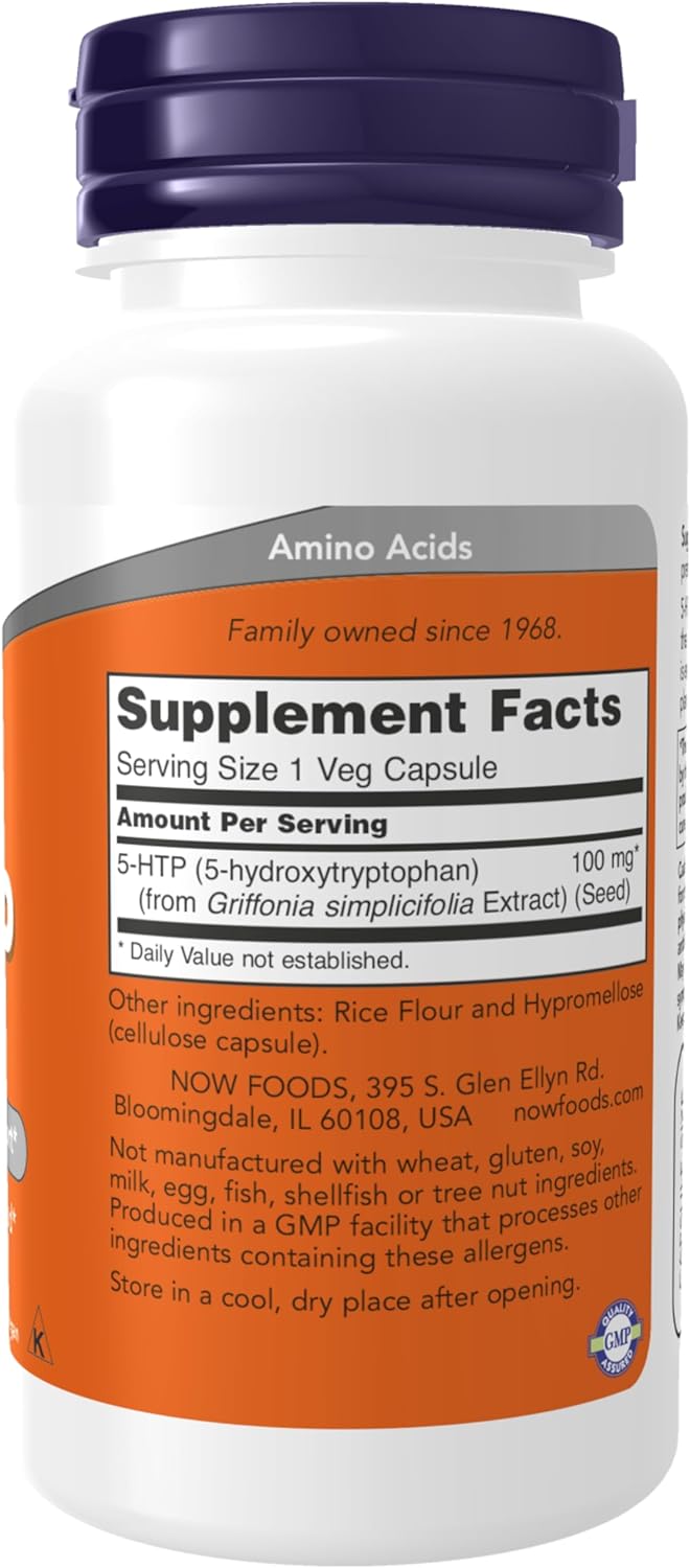 NOW Supplements, 5-HTP (5-hydroxytryptophan) 100 mg, Neurotransmitter Support*, 60 Veg Capsules