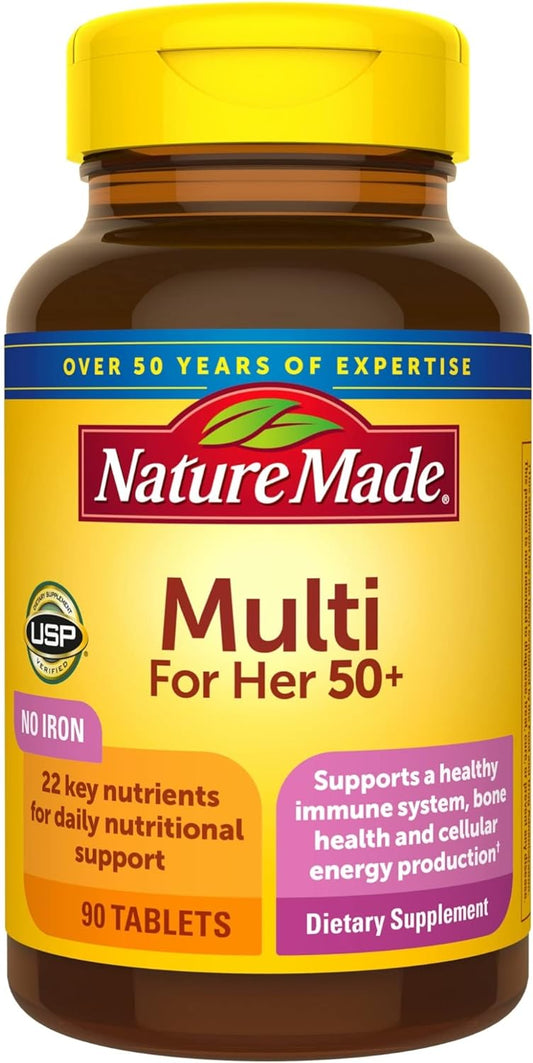 Nature Made Multivitamin For Her 50+ with No Iron, Womens Multivitamin for Daily Nutritional Support, Multivitamin for Women, 90 Tablets, 90 Day Supply