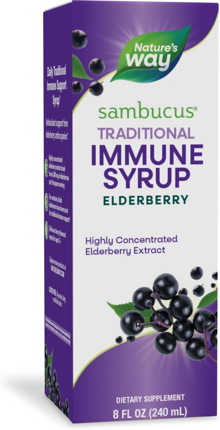 Nature’s Way Sambucus Elderberry Traditional Immune Syrup, Highly Concentrated Black Elderberry Extract, Traditional Immune Support*, Delicious Berry Flavored, 8 Fl Oz (Packaging May Vary)