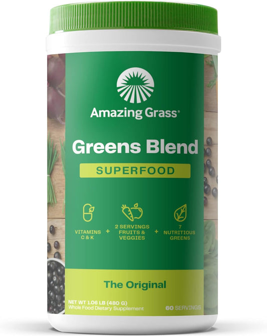 Amazing Grass Greens Blend Superfood: Super Greens Powder Smoothie Mix for Boost Energy ,with Organic Spirulina, Chlorella, Beet Root Powder, Digestive Enzymes & Probiotics, Original, 60 Servings