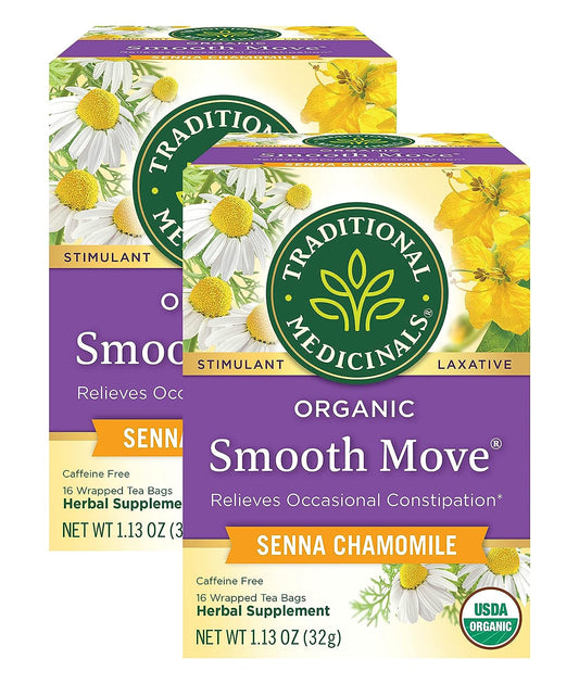 Traditional Medicinals Organic Smooth Move Senna Chamomile Herbal Tea, Relieves Occasional Constipation, (Pack of 2) - 32 Tea Bags Total