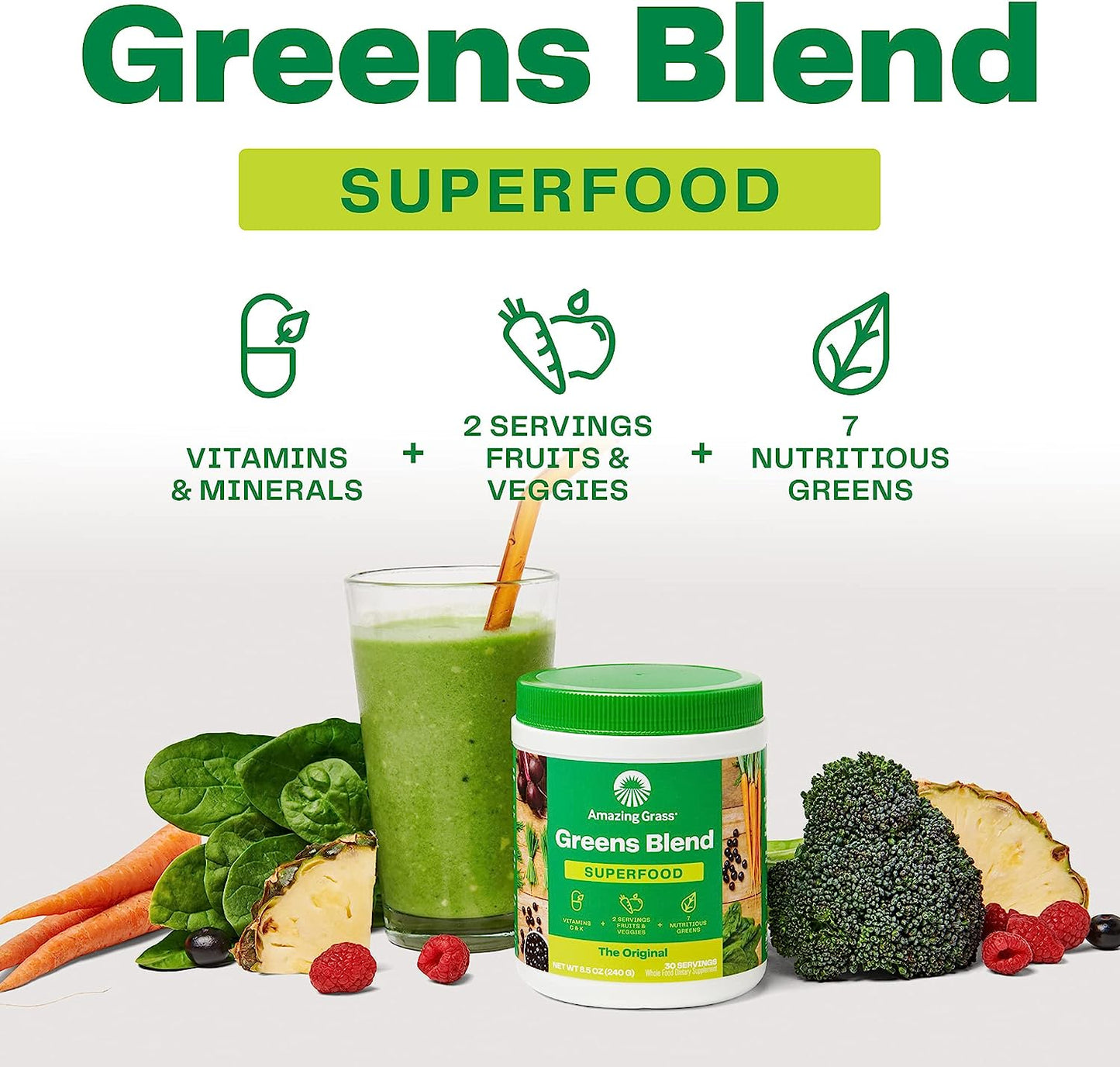 Amazing Grass Greens Blend Superfood: Super Greens Powder Smoothie Mix for Boost Energy ,with Organic Spirulina, Chlorella, Beet Root Powder, Digestive Enzymes & Probiotics, Original, 60 Servings