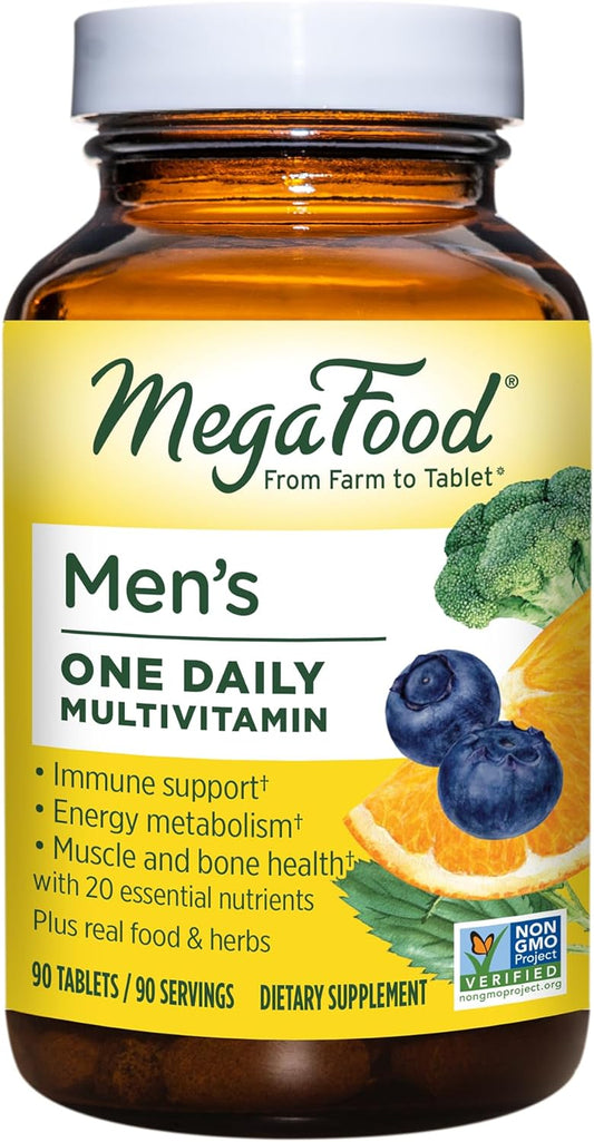 MegaFood Men's One Daily - Multivitamin for Men with Zinc, Selenium, Vitamin B12, Vitamin B6, Vitamin D & Real Food - Immune Support Supplement - Muscle and Bone Health - Vegetarian - 90 Tabs