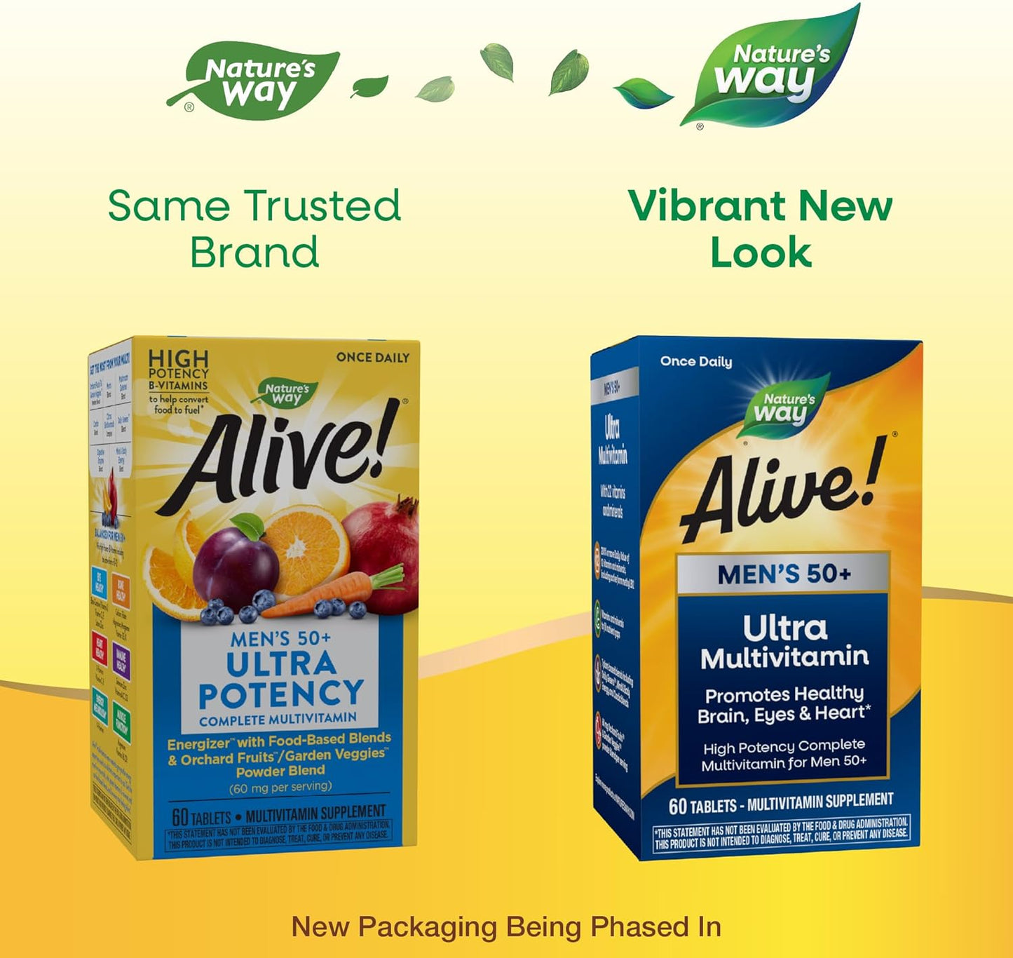 Nature's Way Alive! Men’s 50+ Daily Ultra Multivitamin, High Potency Formula, Supports Healthy Brain, Eyes & Heart*, Gluten-Free, 60 Tablets (Packaging May Vary)