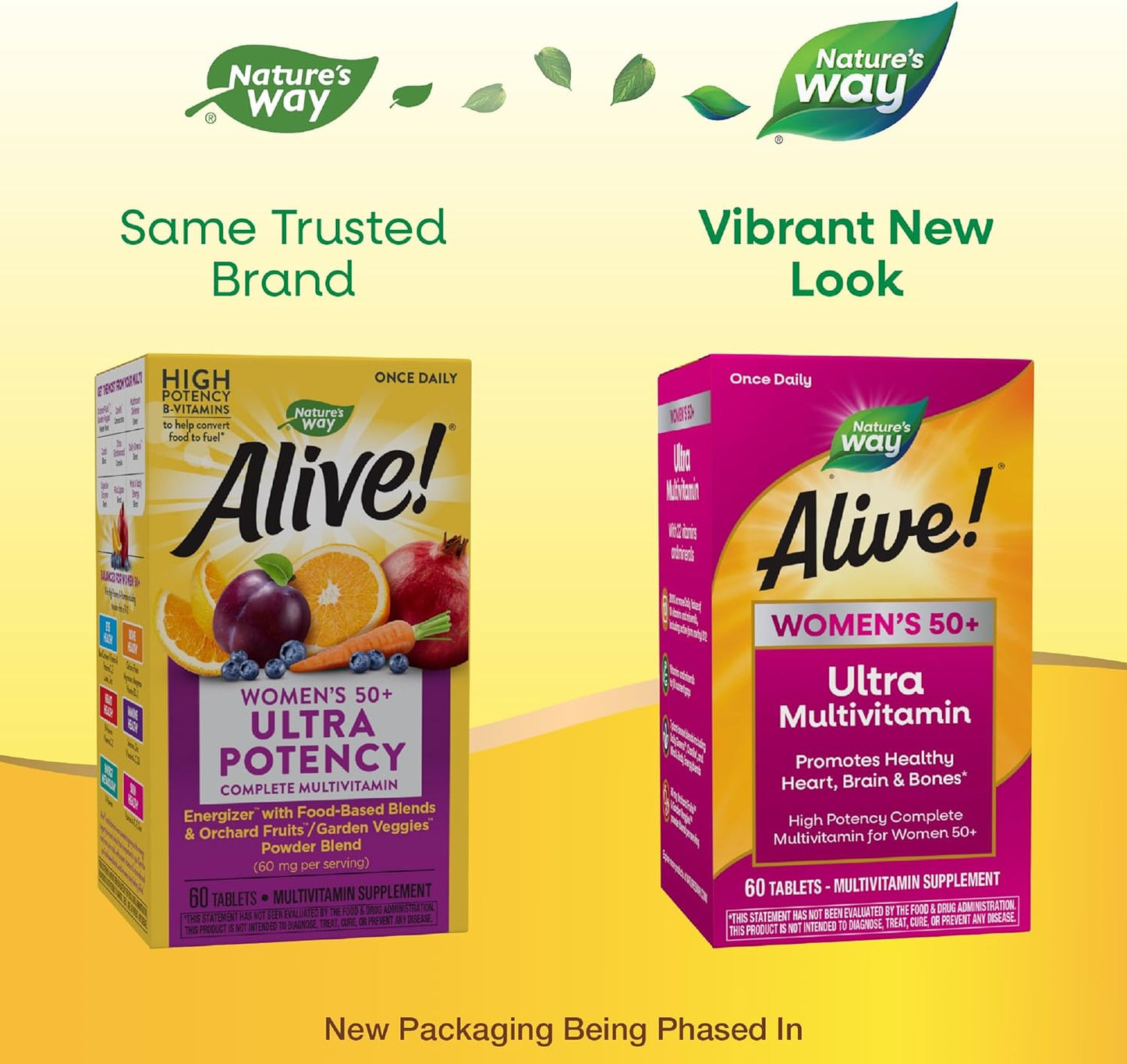 Nature’s Way Alive! Women’s 50+ Ultra Potency Complete Multivitamin, High Potency Formula, Promotes Healthy Heart, Brain, Bones*, Gluten-Free, 60 Tablets (Packaging May Vary)