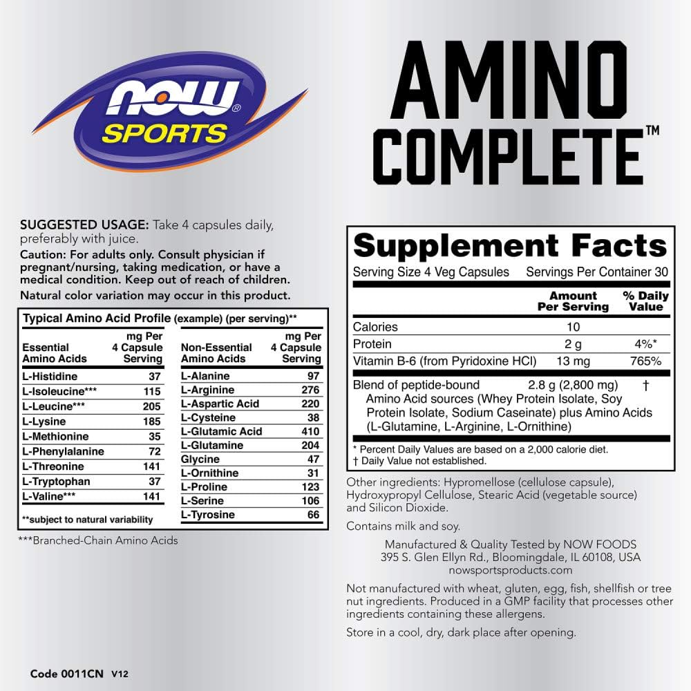 NOW Sports Nutrition, Amino Complete™, Protein Blend With 21 Aminos and B-6, 120 Veg Capsules