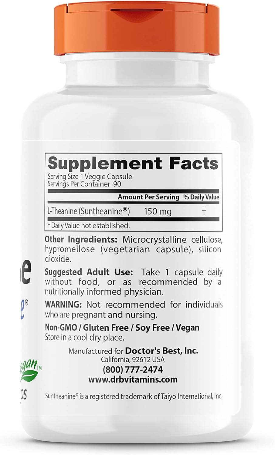 Doctor's Best L-Theanine Contains Suntheanine, Helps Reduce Stress & Sleep, Non-GMO, Gluten Free, Vegan, 150 mg (DRB-00197), 90 Count