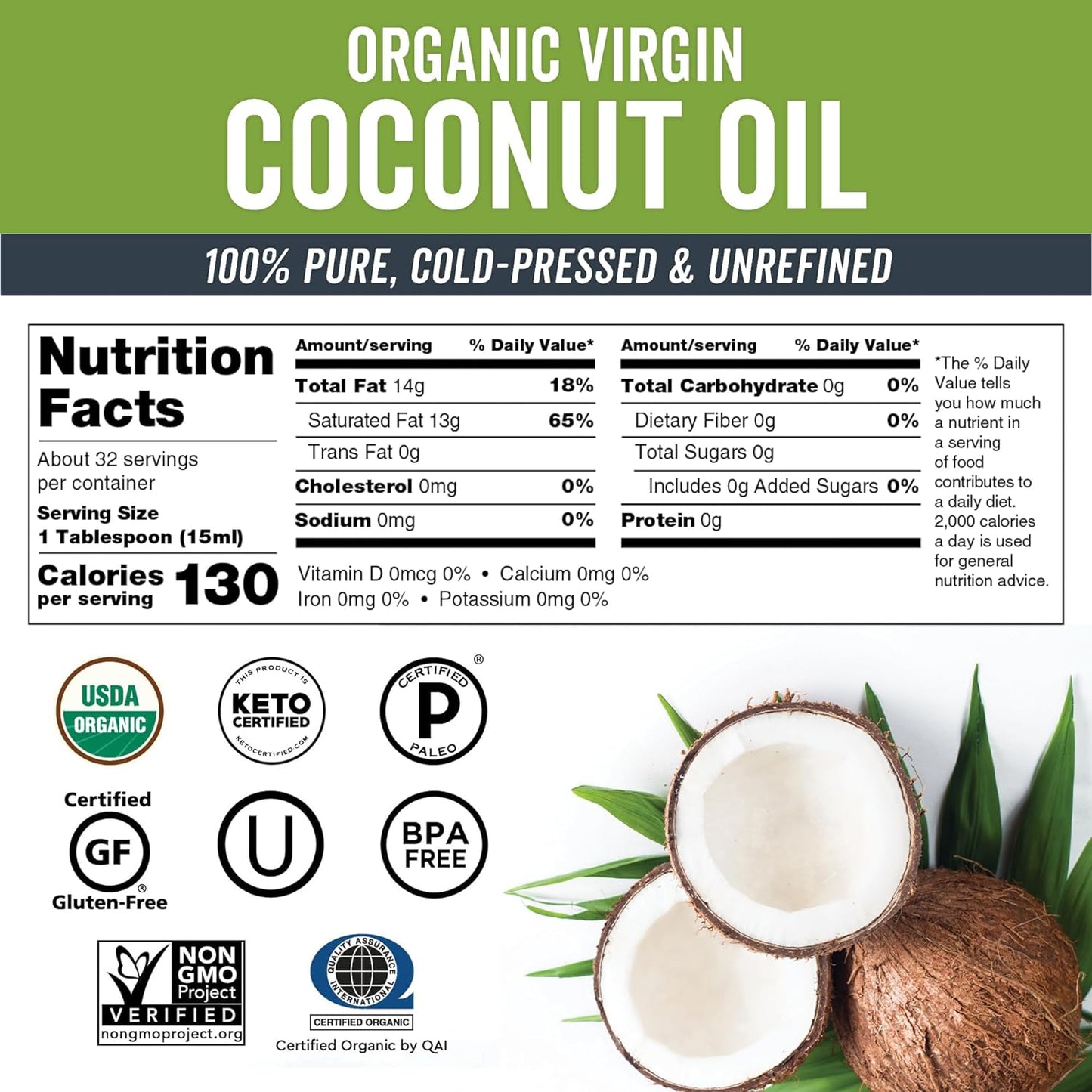 Virgin Coconut Oil, 16 fl oz - Non-GMO, Cold-Pressed and Unrefined Coconut Oil Organic Certified - Natural Flavour Coconut Oil for Cooking and Baking